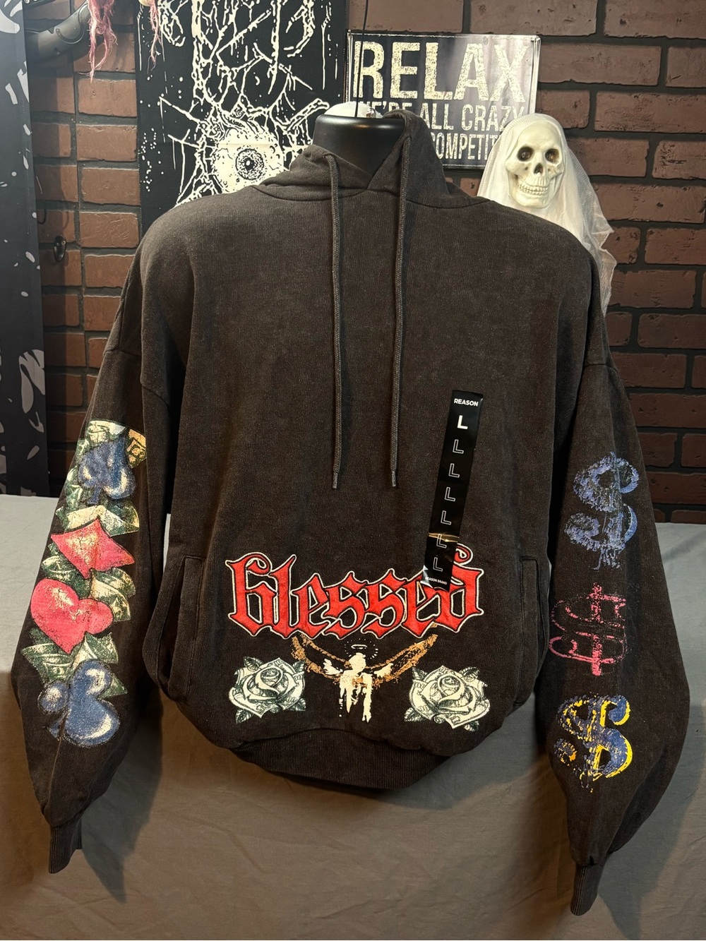 Reason Black 'Blessed' Graphic Pullover Hoodie with Multicolor Sleeve Art